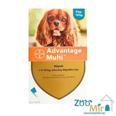 Advantage Multi, раствор для наружного применения (на холку) против клещей, блох, вшей, власоедов и гельминтов, для собак весом от 4 кг до 10 кг  (цена за 1 пипетку)