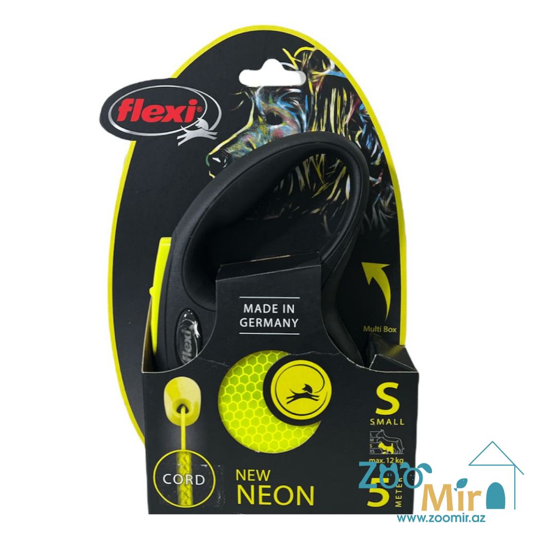 Flexi New Neon, тросовый поводок-рулетка 5 метров, весом до 12 кг (трос), размер S для собак мелких пород, цвет: черный с неоновыми вставками