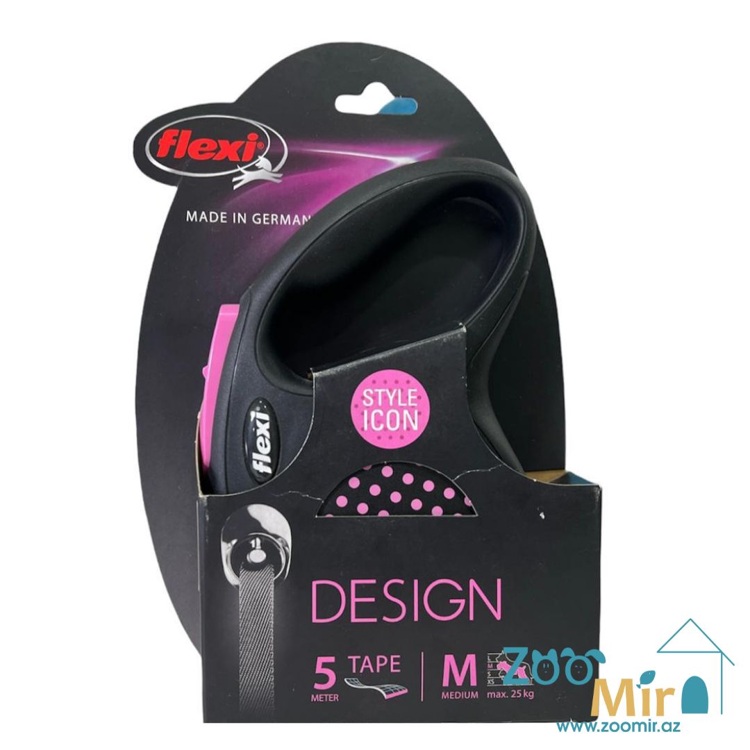 Flexi Design, ременный поводок-рулетка 5 метров, весом до 25 кг, размер M, для собак средних пород, цвет: черный в розовый горошек