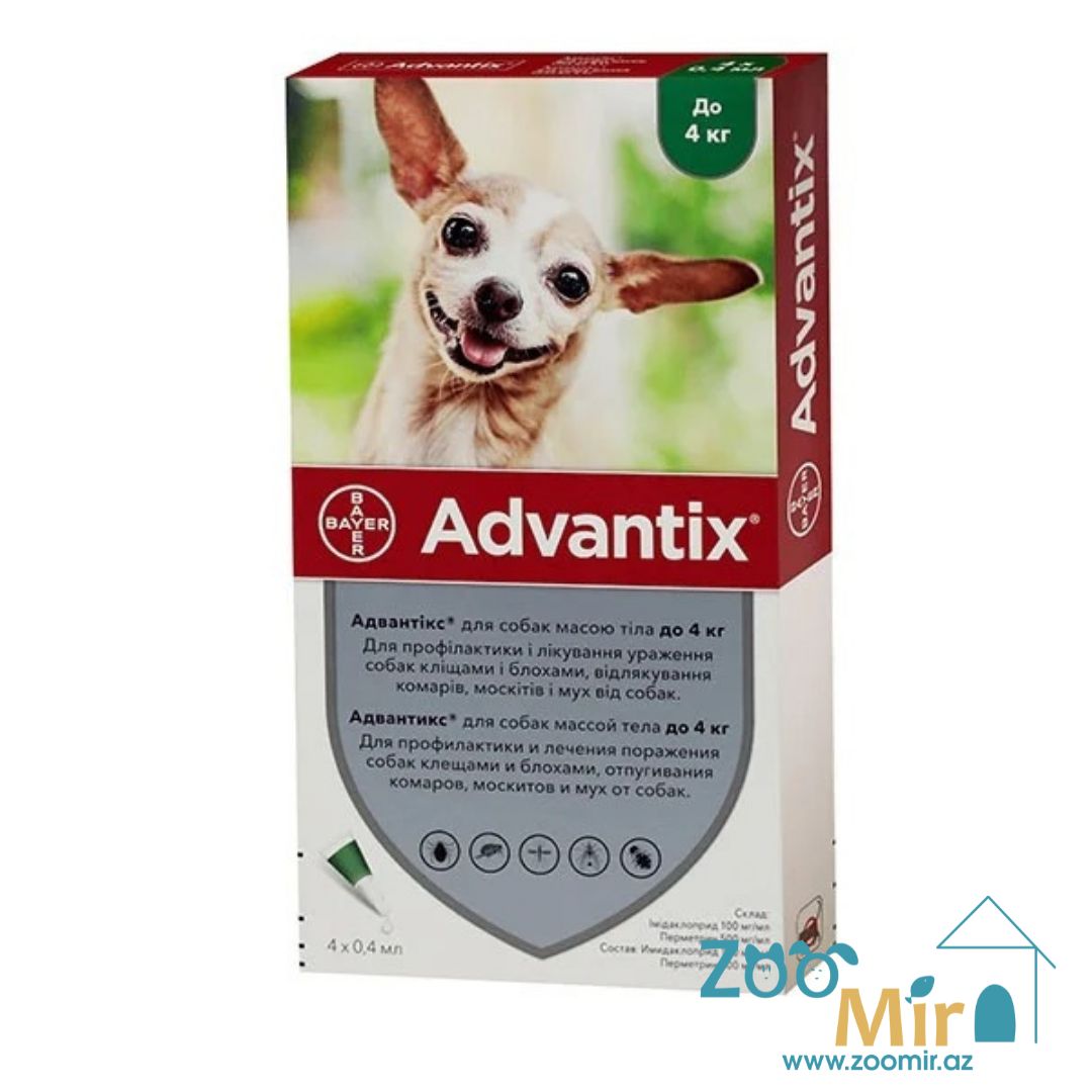Advantix, раствор для наружного применения (на холку) против клещей, блох, вшей и власоедов, для собак весом до 4 кг (цена за 1 пипетку)