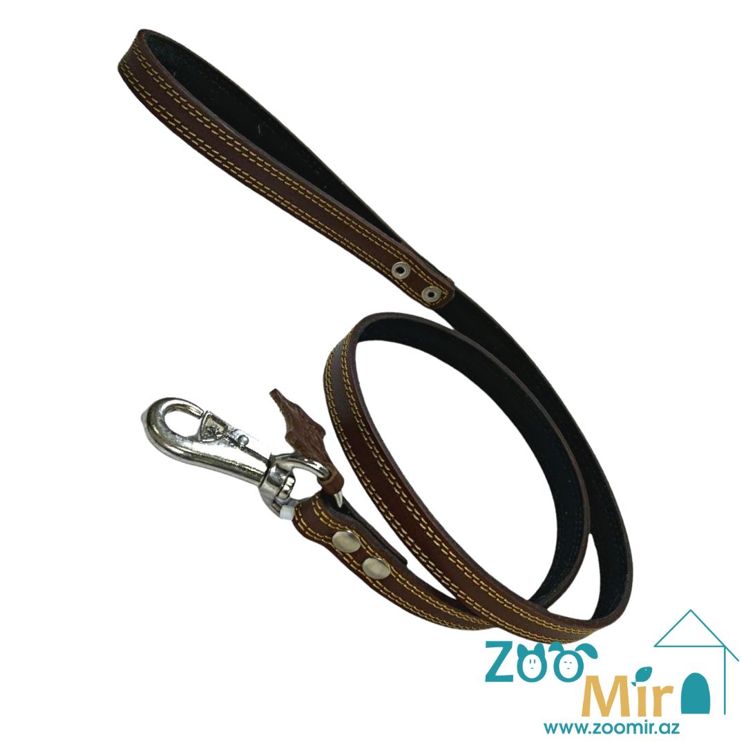 ZooMir, кожаный поводок с бычьем карабином для собак средних и крупных пород, 130 см х 20 мм (цвет: коричневый с коричневой строчкой)