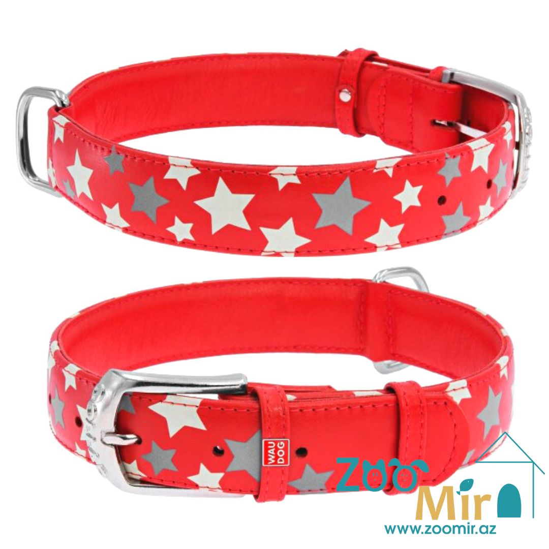 Collar  WAUDOG Glamour, ошейник со светоотражающими звездами из кожи, для собак малых и средних пород, 30 - 39 см х 20 мм (размер: S) (рисунок "Звезда - Красный")