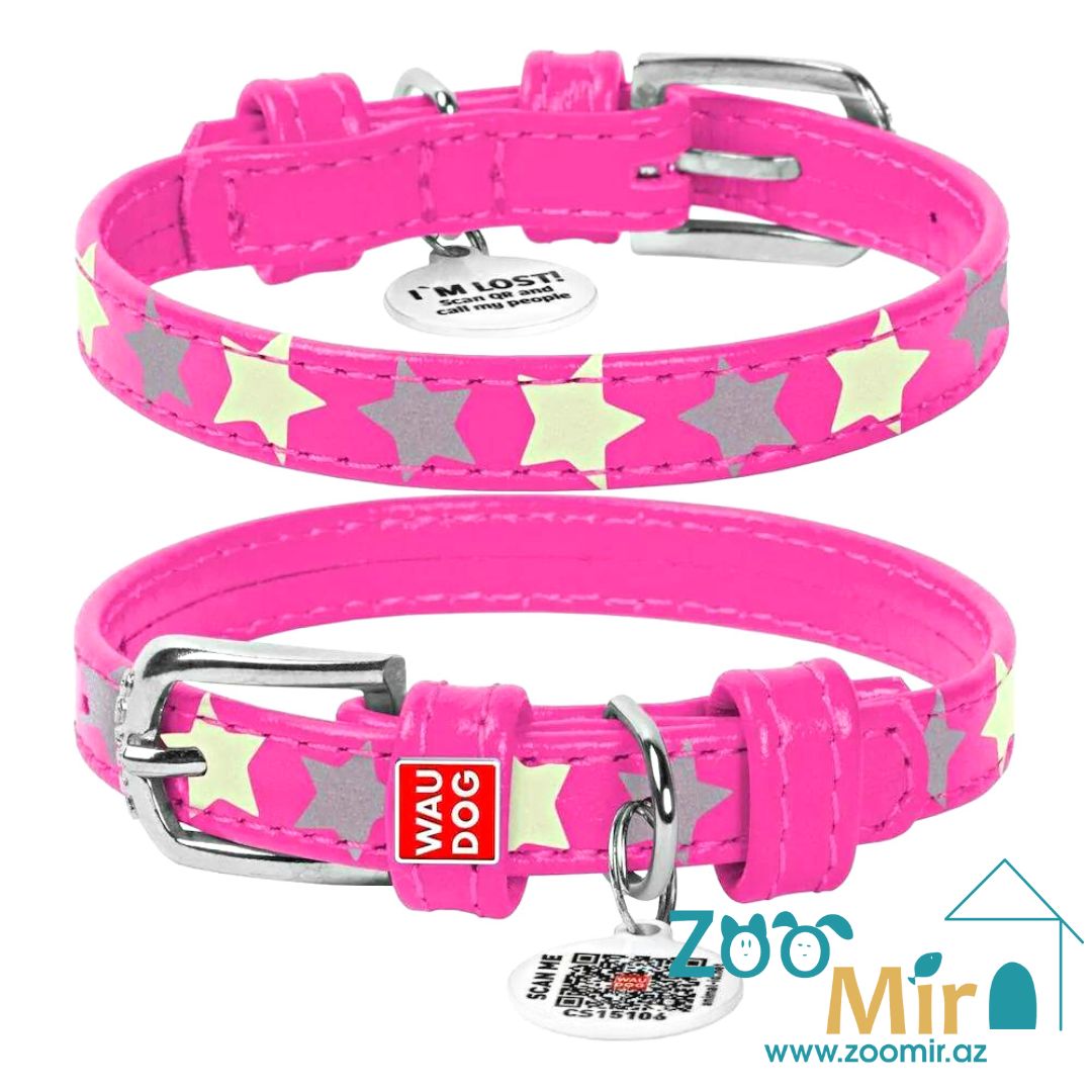 Collar  WAUDOG Glamour, ошейник со светоотражающими звездами из кожи, для собак малых и средних пород, 30 - 39 см х 20 мм (размер: S) (рисунок "Звезда - Розовый")
