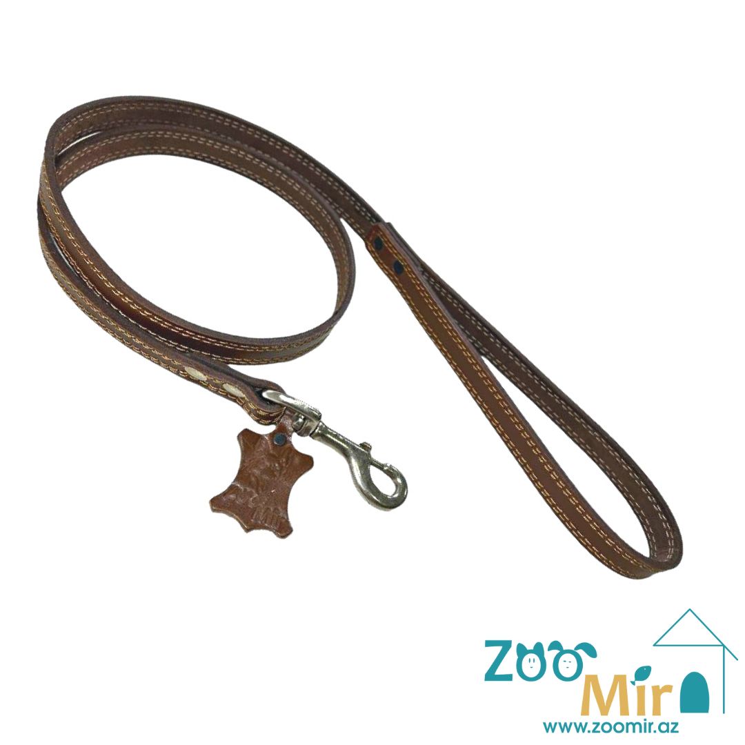 ZooMir, кожаный поводок для собак средних пород, 130 см х 20 мм (цвет: коричневый с коричневой строчкой)