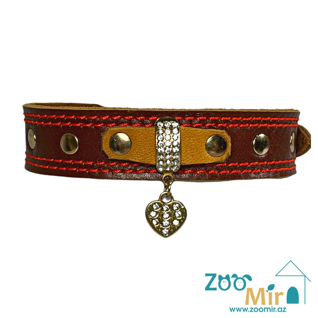 Zoomir, кожаный ошейник для малых пород собак, 29 - 37 см х 23 мм (цвет: коричневый с оранжевой строчкой)
