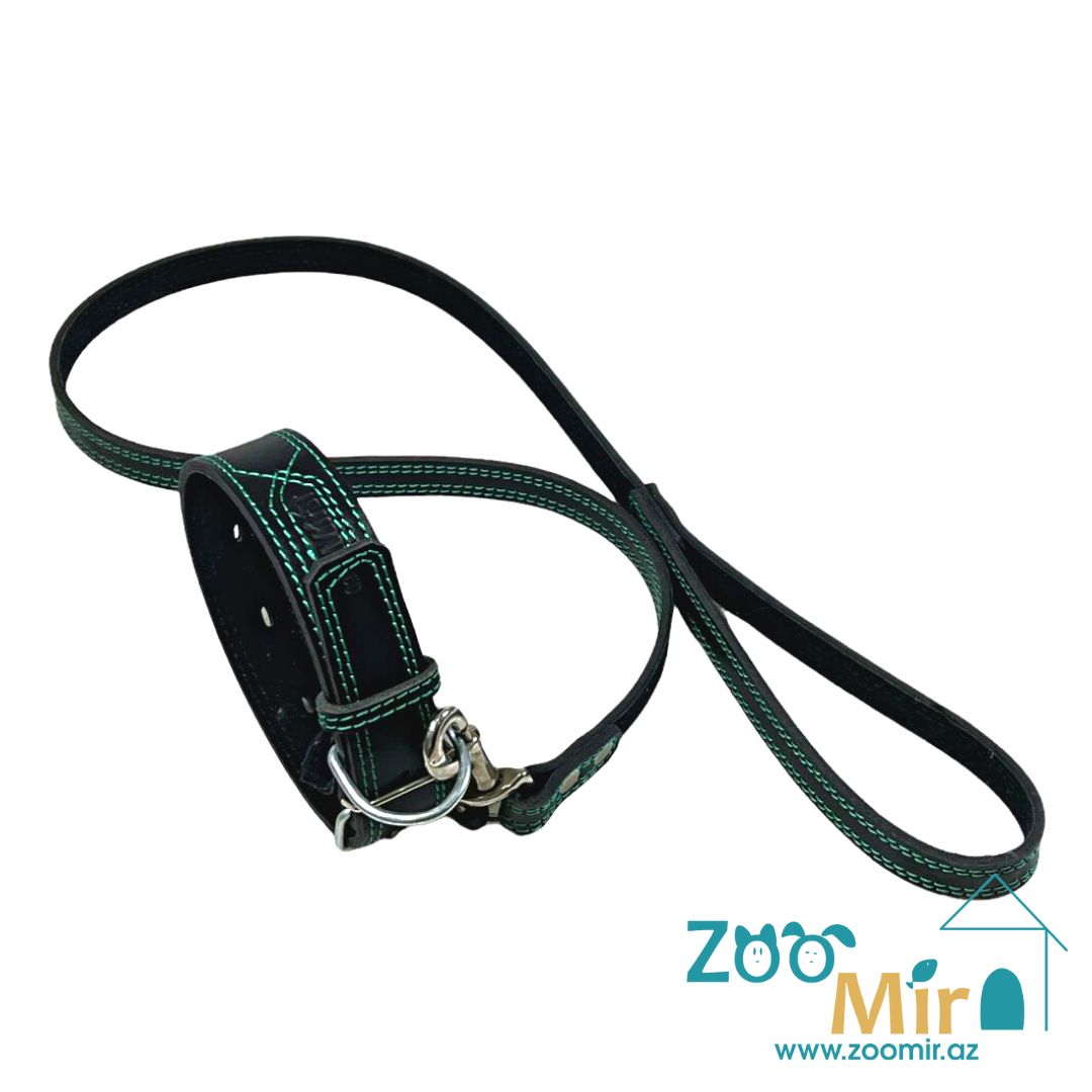 ZooMir, кожаный комплект ошейник с поводком для собак средних пород, (ошейник: 30 - 45 см, 40 мм, поводок 130 см х 2 мм) (цвет: черный с зеленый строчкой)