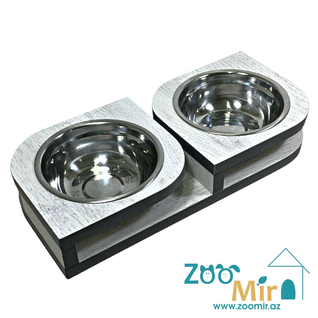 ZooMir, металлические миски в виде "Капелек" с кантом и деревянным основанием, для собак малых пород, котят и кошек, 43х20х7 см