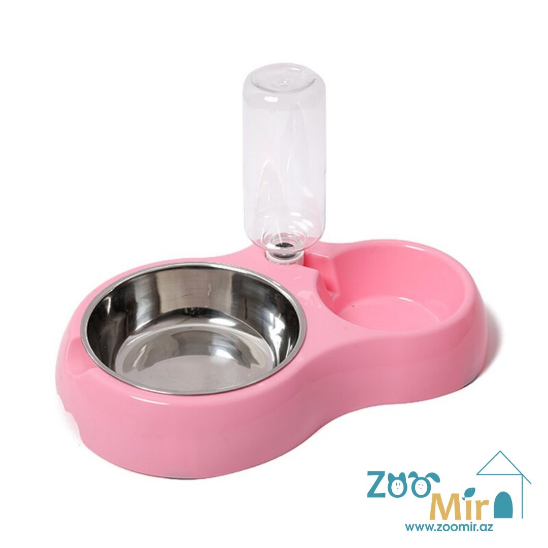 Kİ, двойная миска с бутылкой для воды, для собак малых пород и кошек, 2х0.3л (цвет: розовый)