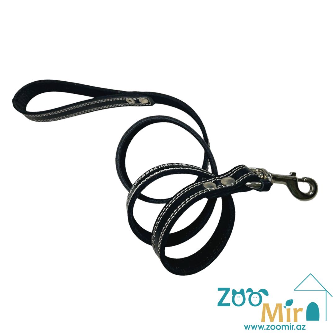 ZooMir, кожаный поводок для собак средних пород, 125 см х 20 мм (цвет: черный с белой строчкой)