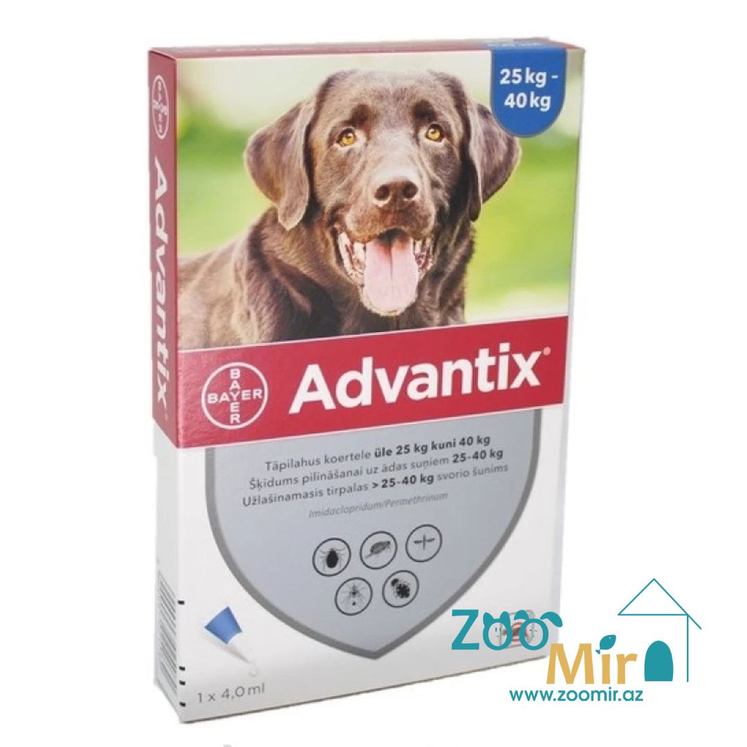 Advantix, раствор для наружного применения (на холку) против клещей, блох, вшей и власоедов, для собак весом от 25 кг до 40 кг (цена за 1 пипетку)