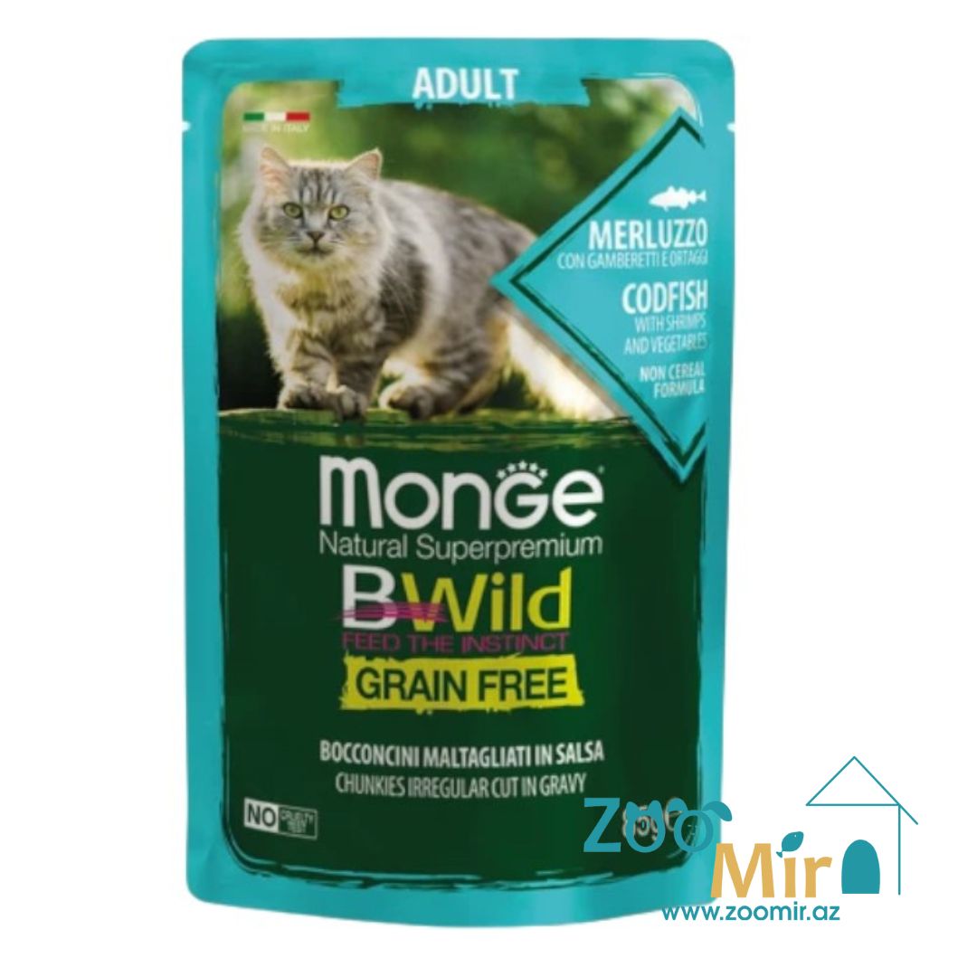 Monge Cat BWild Grain Free Сodfish, влажный корм для взрослых кошек с треской, креветками и овощами, 85 г