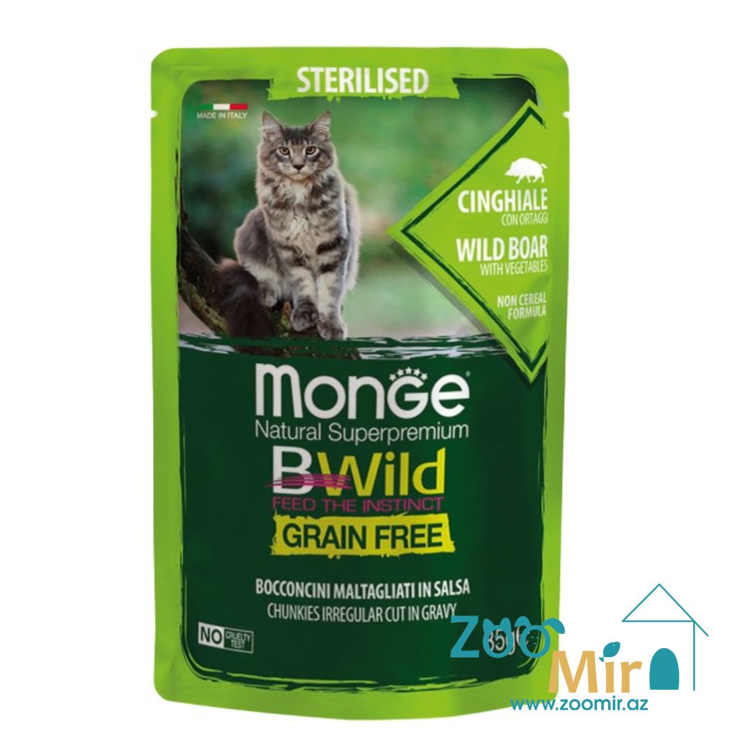 Monge Cat BWild Grain Free Wild Boar, влажный корм для стерилизованных кошек с диким кабаном и овощами, 85 г