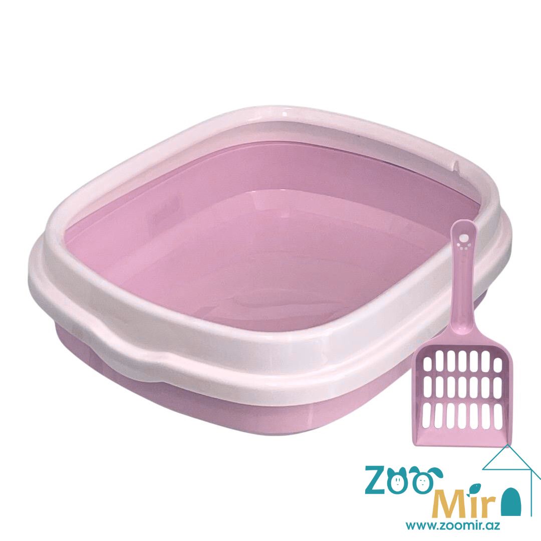 KI, пластиковый лоток прямоугольной формы, оснащенный бортиком, для котят и кошек, 39.5х32.5х10 см (цвет: розовый)