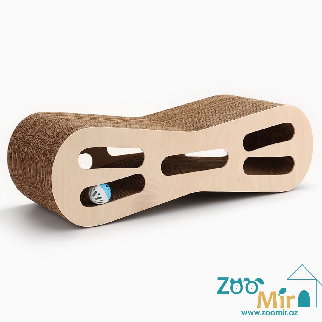 ZooMir, картонная когтеточка-лежанка "Восьмерка средняя с игрушкой", для котят и кошек, 53х21х16 см