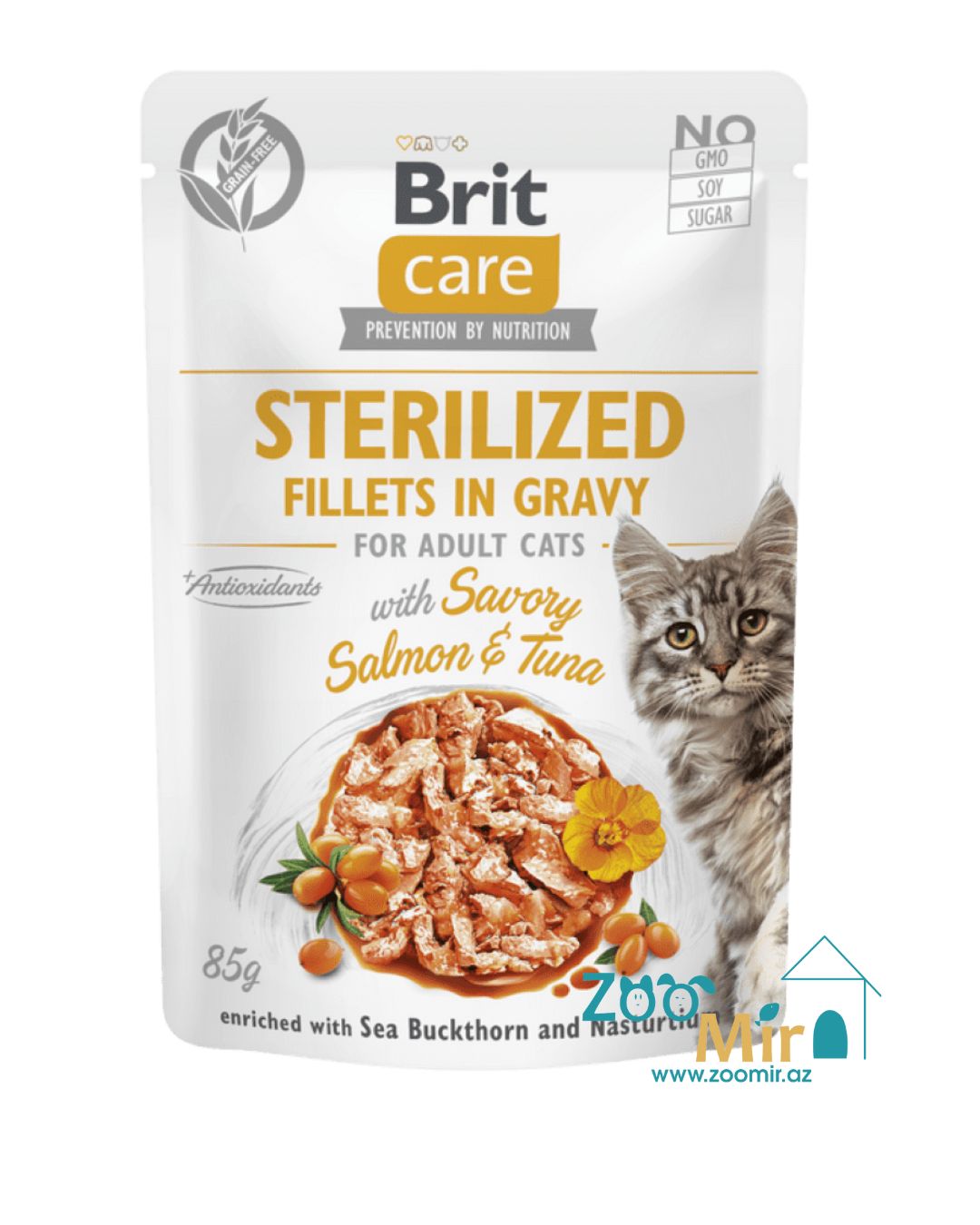 Brit Care Cat Sterilized, Fillets in Gravy with Savory Salmon and Tuna, влажный корм для стерилизованных кошек с лососем и тунцом в соусе, 85 гр