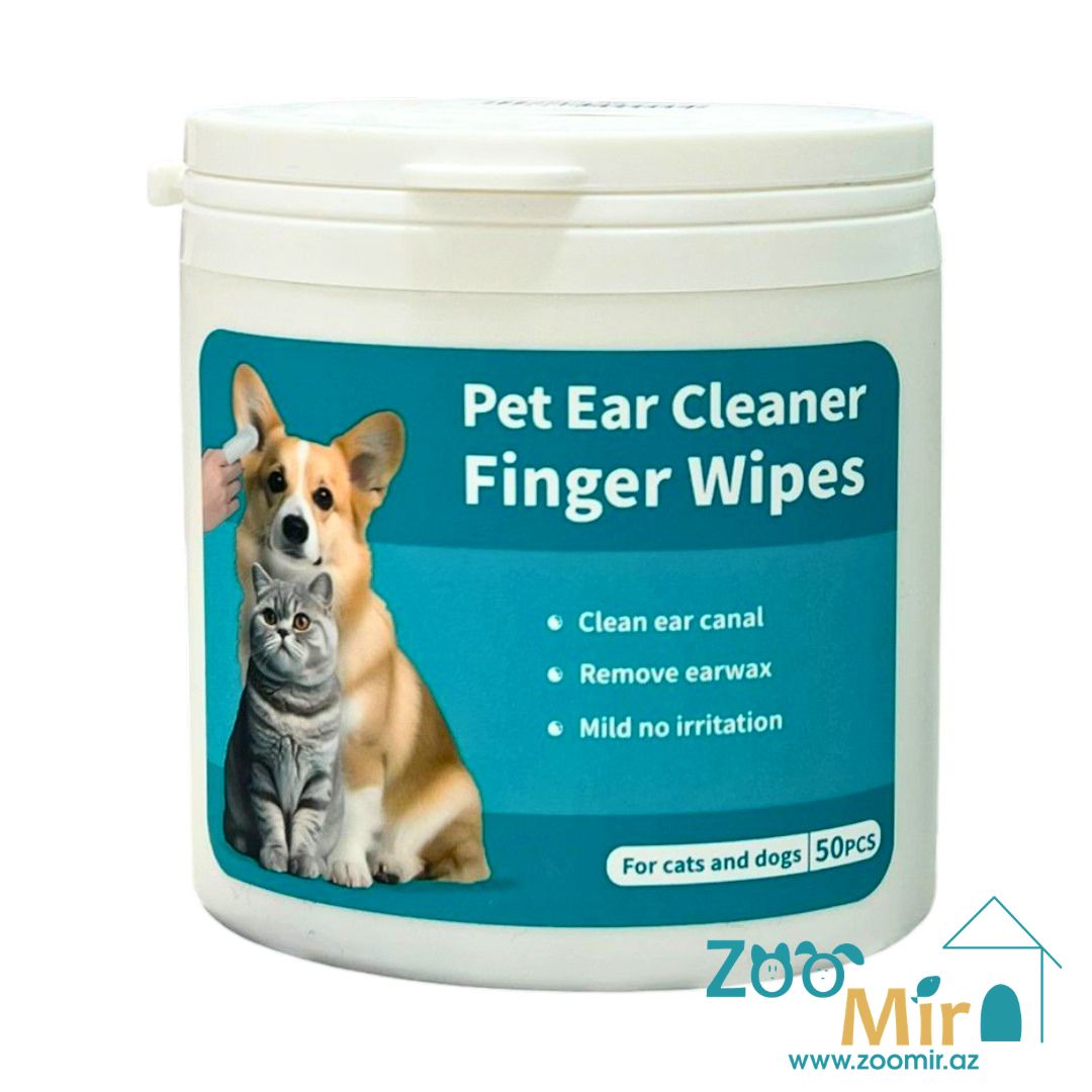Pet Ear Cleaner Finger Wipes, салфетки влажные гигиенические для ушей, для собак и кошек, 50 шт. (цена за упаковку)